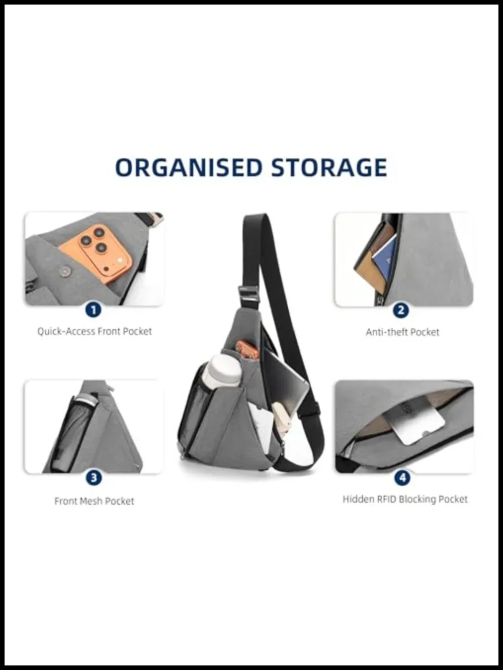 Sling Bag for Men, RFID Anti-Theft Crossbody Bag, Water Bottle Holder,